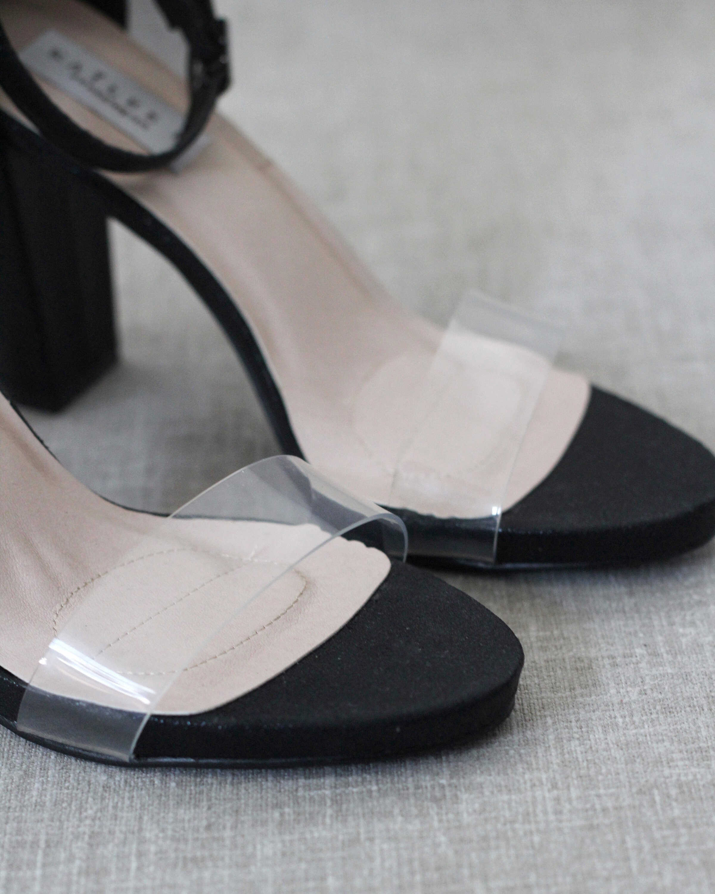 black clear block heel sandals