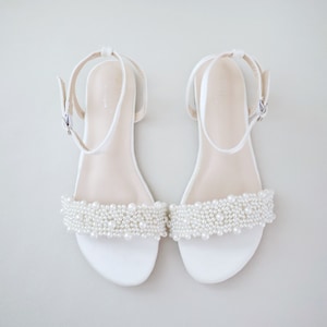 Ivory Satin Flat Sandal with Perla Applique, Bridesmaid Shoes, Women Sandals, Kids Sandals, Mommy and Me Shoes