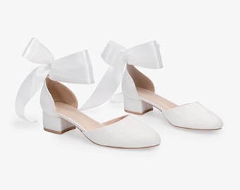 White Lace Round Toe Low Block Heel Wedding Shoes with Wrapped Ankle Tie, Wedding Lace Shoes, Bridal Flats, Bridal Shoes