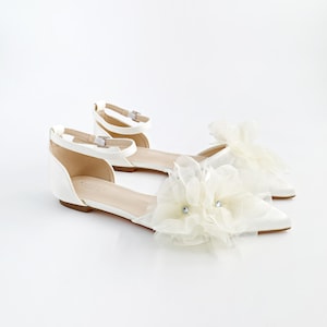 Ivory & White Satin Pointy Toe Wedding Flats with Ophelia Flowers, Women Wedding Shoes, Bridal Shoes, Bridal Flats