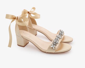Champagne Satin Block Heel Sandals with Embellished FLORAL RHINESTONES on Upper Strap, Flower Girls Shoes, Fall Wedding Shoes, Women Sandals
