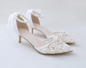 Ivory Crochet Lace Pointy Toe Wedding Low Heels with Pearls Applique, Bridal Shoes, Bridal Low Heels, Kitten Heels, Pearl Wedding Shoes