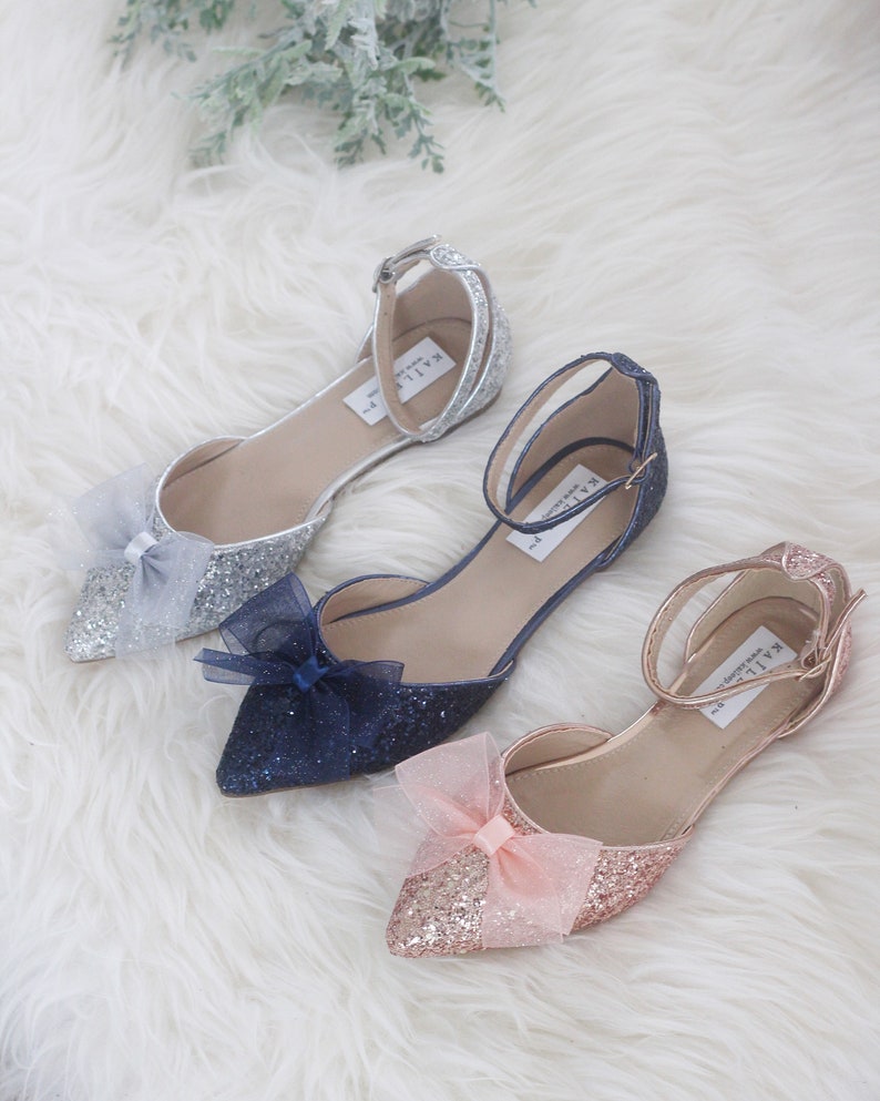 ROSE GOLD Rock Glitter Pointy Toe Flats with Ankle Strap & image 2