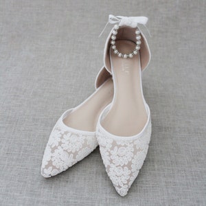 White Crochet Lace Pointy Toe Flats Women Wedding Shoes, Bridesmaid ...