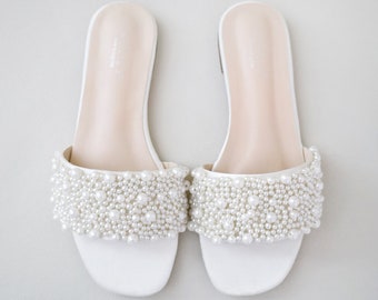 Ivory Satin Slip on Sandals with Perla Applique, Bridal Sandals, Bridesmaids Sandals, Wedding Sandals