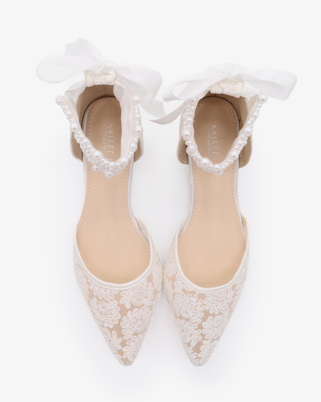 White and Ivory Crochet Lace Pointy Toe Flats With Perla Ankle