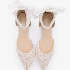 White and Ivory Crochet Lace Pointy toe flats with Perla Ankle Strap, Women Wedding Shoes, Bridal Flats, Bride Shoes, Lace Flats