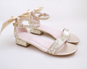 Rock Glitter Low Block Heel Wedding Sandals with Back Satin Bow, Bridal Sandals, Bridesmaids Shoes, Bridal Low Heels Sandals, Party Shoes