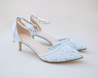 Light Blue Crochet Lace Pointy Toe Wedding Low Heels with Eternity Rhinestones Strap, Bridal Shoes, Bridal Low Heels, Kitten Heels