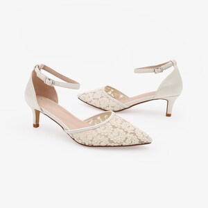 Ivory Crochet Lace Pointy Toe Wedding Low Heels with Wrapped Ankle Tie, Bridal Shoes, Bridal Low Heels, Kitten Heels image 12
