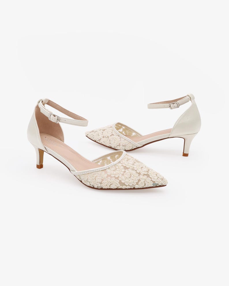 Ivory Crochet Lace Pointy Toe Wedding Low Heels with Wrapped Ankle Tie, Bridal Shoes, Bridal Low Heels, Kitten Heels image 12