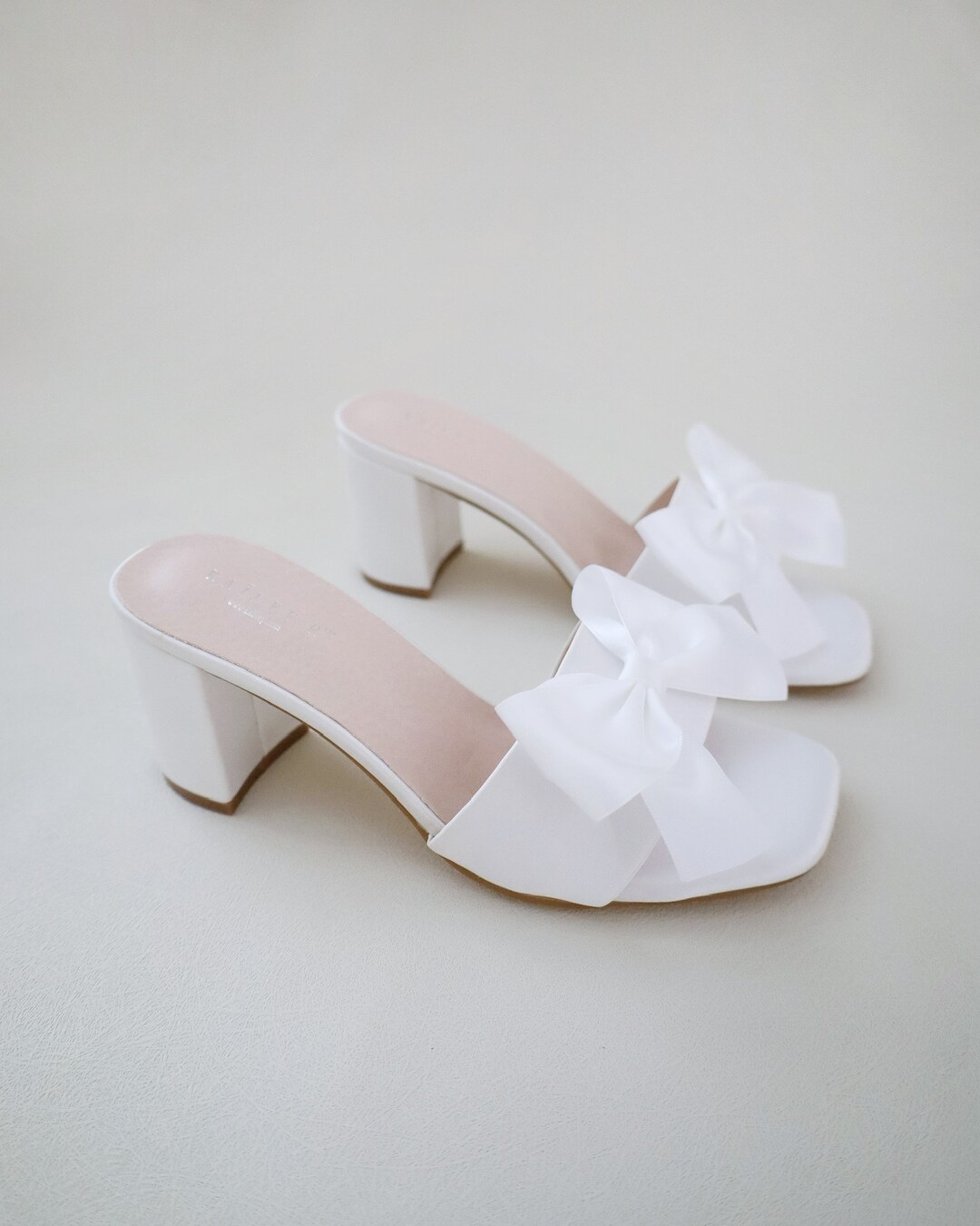 White Satin Block Heels Slide Wedding Sandals With Bow, Bridal Sandals ...