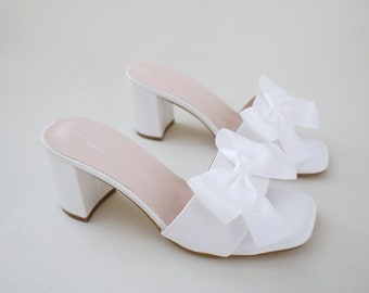 White Satin Block Heels Slide Wedding Sandals with Bow, Bridal Sandals, Bridesmaids Sandals, Wedding Heels