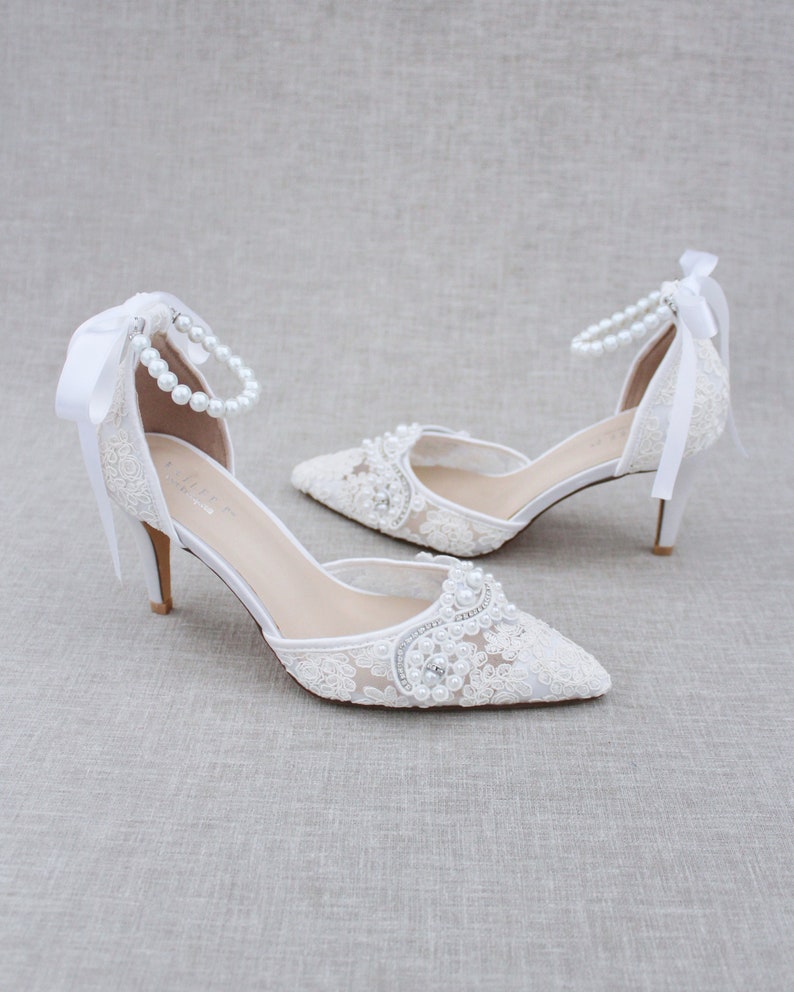 White Crochet Lace Pointy Toe HEELS With Small Pearls - Etsy