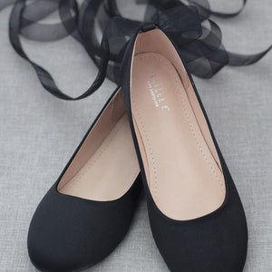 Women Shoes Black Satin Flats with Satin Ankle Tie or Ballerina Lace Up Bridesmaids Shoes, Fall Wedding Flats, Holiday Shoes SHEER RIBBON LACE UP