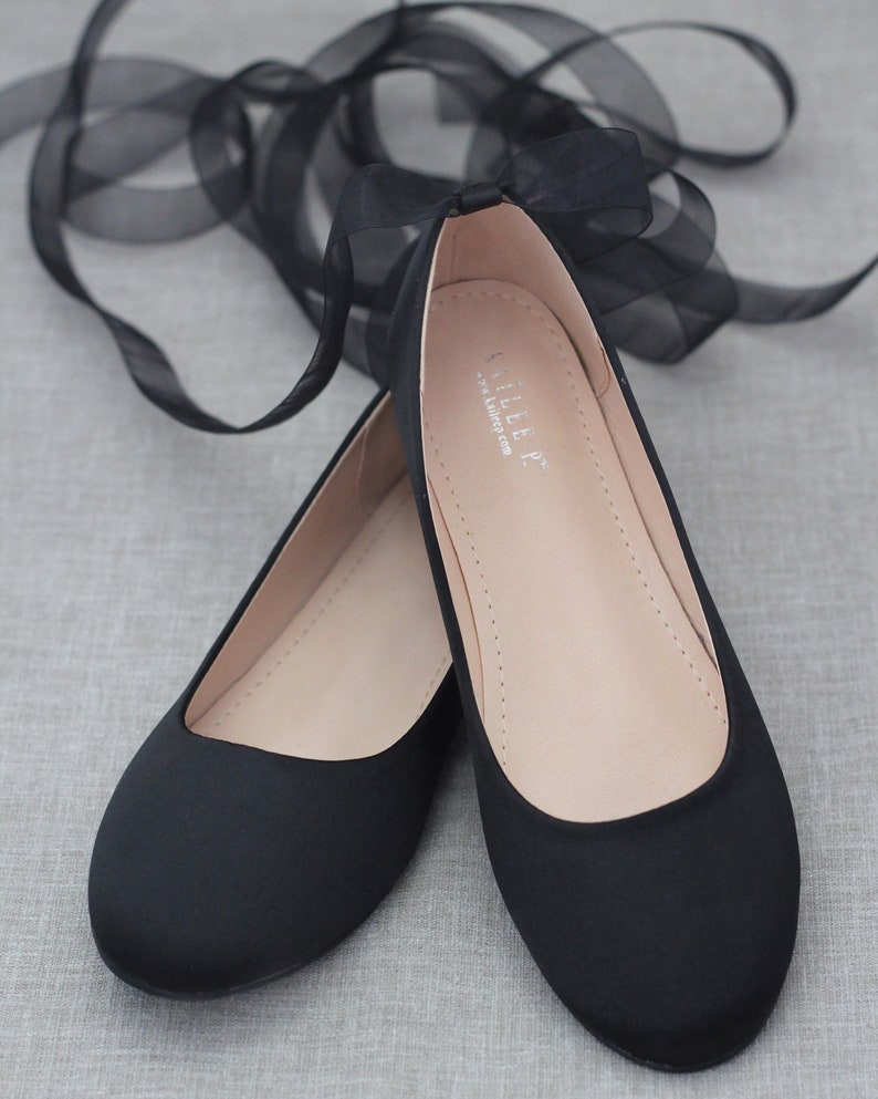 Women Shoes Black Satin Flats with Satin Ankle Tie or Ballerina Lace Up Bridesmaids Shoes, Fall Wedding Flats, Holiday Shoes SHEER RIBBON LACE UP