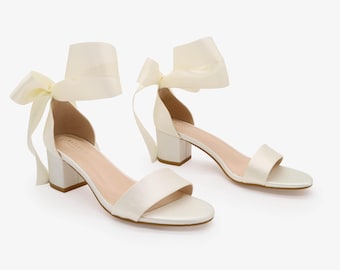Ivory Satin Block Heel Sandal with WRAPPED SATIN TIE, Bridesmaid Shoes, Jr. Bridesmaids Shoes, Women Sandals, Fall Wedding Shoes