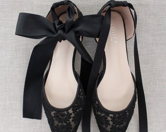 Black Crochet Lace Pointy Toe Flats - Women Wedding Shoes, Bridesmaid Shoes, Bridal Flats, Wedding Flats, Bridal Lace Shoes, Holiday Shoes