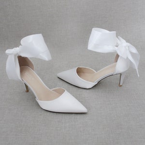 White Satin Pointy Toe Heels with WRAPPED SATIN TIE, Wedding Shoes, Bridesmaids Shoes, Evening Shoes, Bridal Shoes