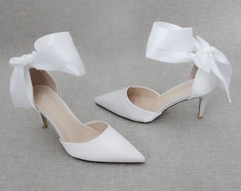White Satin Pointy Toe Heels with WRAPPED SATIN TIE, Wedding Shoes, Bridesmaids Shoes, Evening Shoes, Bridal Shoes