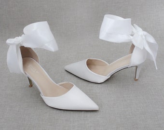 White Satin Pointy Toe Heels with WRAPPED SATIN TIE, Wedding Shoes, Bridesmaids Shoes, Evening Shoes, Bridal Shoes