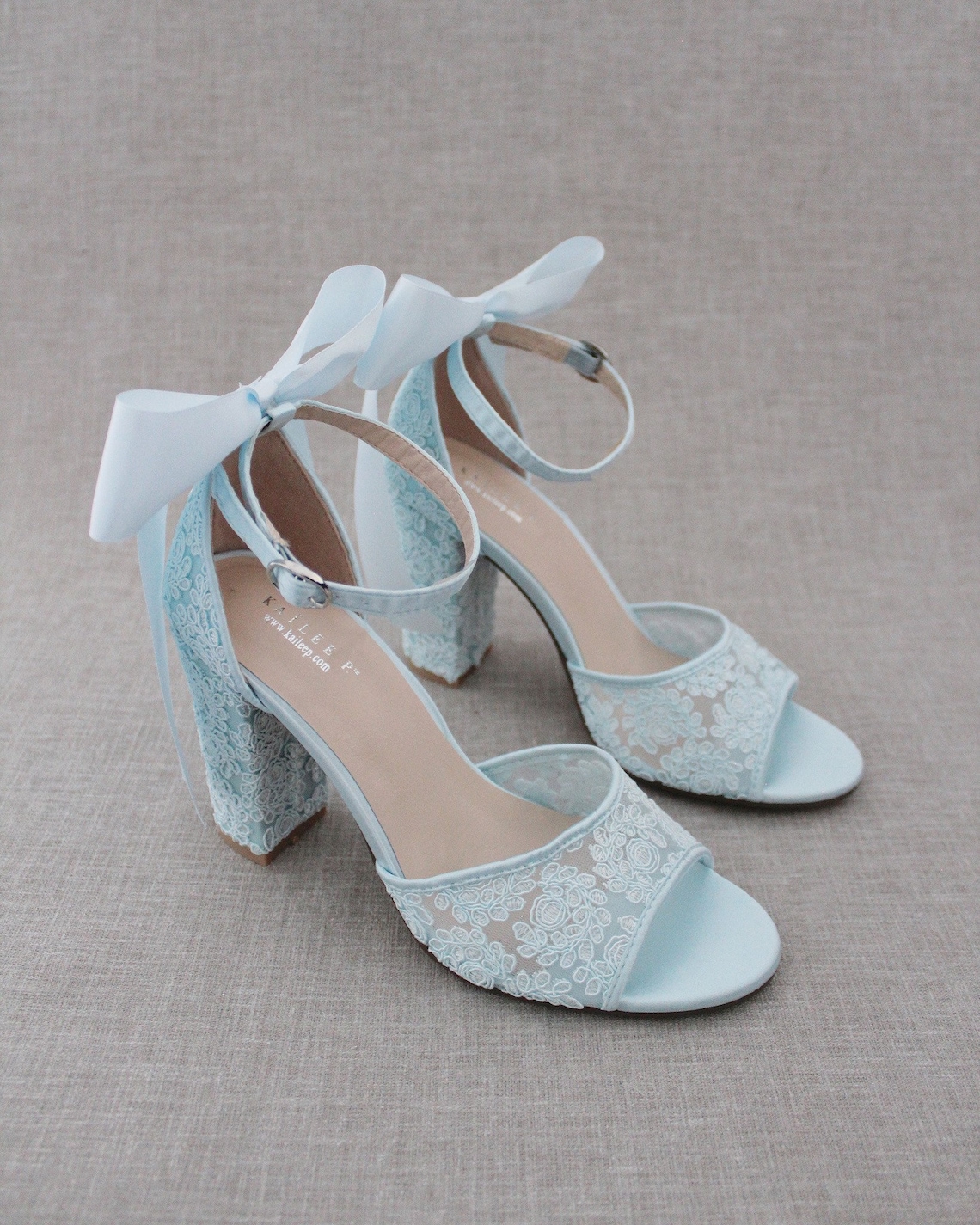 Light Blue Crochet Lace Block Heel Sandals with SATIN BACK BOW image 1