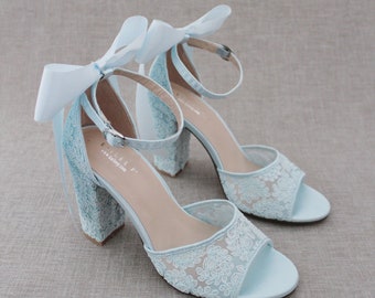 Light Blue Crochet Lace Block Heel Sandals with SATIN BACK BOW - Women Wedding Shoes, Bridesmaids Shoes, Bridal Shoes, Bridal Heels