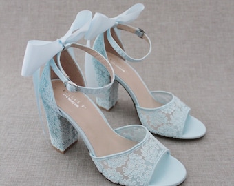 Light Blue Crochet Lace Block Heel Sandals with SATIN BACK BOW - Women Wedding Shoes, Bridesmaids Shoes, Bridal Shoes, Bridal Heels