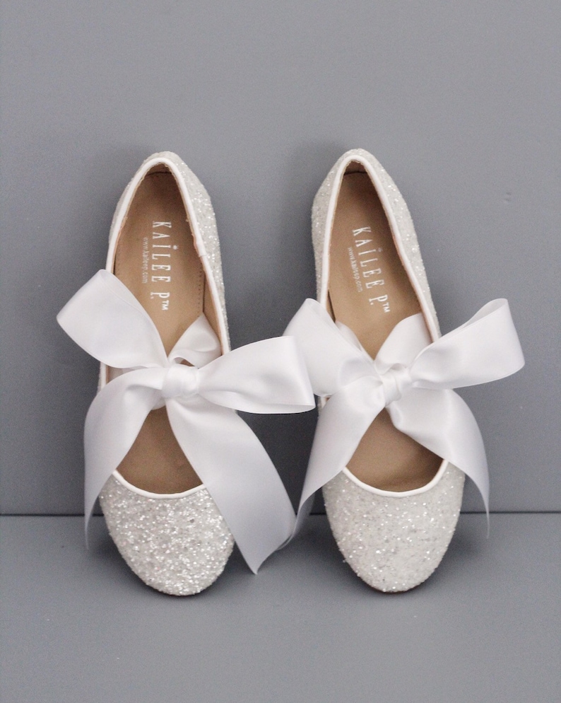 White Rock Glitter Flats with SATIN RIBBON Women White Wedding Shoes Bride Shoes, Bridesmaids Shoes, Party Shoes, Holiday Shoes MARY JANE TIE