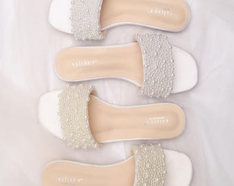 White & Ivory Satin Slip on Sandals with Perla Applique, Bridal Sandals, Bridesmaids Sandals, Wedding Sandals