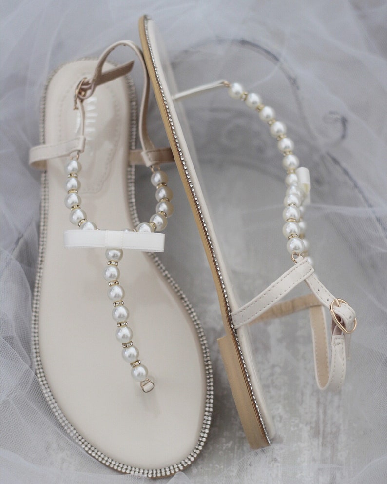 Beige T-strap Pearl With Rhinestones Flat Sandal Women - Etsy