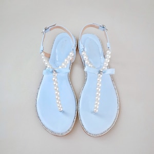 Light Blue T-Strap Pearls Wedding Flat Sandals, Wedding Sandals, Bridal Sandals, Pearl Flat Sandals, Something Blue