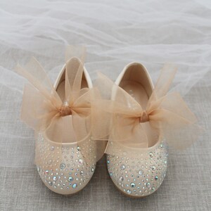 Champagne Satin Mary Jane Flats With CHIFFON BOW and - Etsy