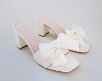 Ivory Satin Block Heels Slide Wedding Sandals with Bow, Bridal Sandals, Bridesmaids Sandals, Wedding Heels