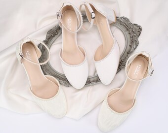 White & Ivory Lace Round Toe Low Block Heel Wedding Shoes with Mini Pearls, Wedding Lace Shoes, Bridal Flats, Bridal Shoes