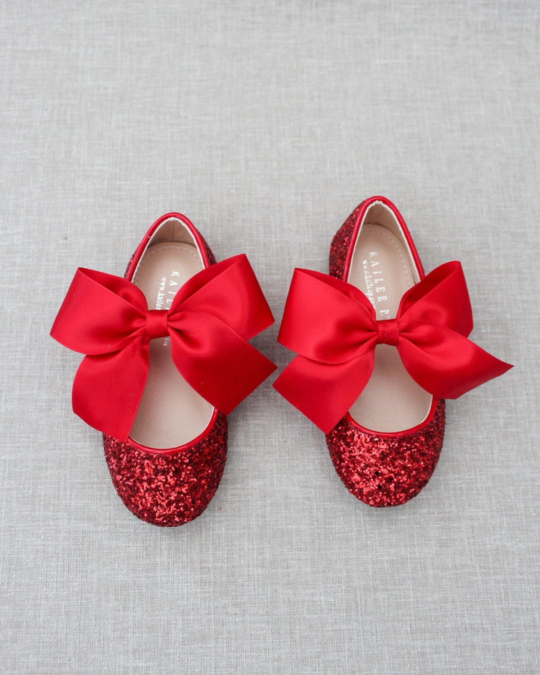 RED Rock Glitter Maryjane Flats With RED SATIN Bow - Flower Girl Shoes ...