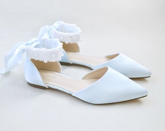 Light Blue Satin Pointy Toe Wedding Flats with Perla Ankle Strap, Women Wedding Shoes, Bridal Shoes, Bridal Flats, White Shoes