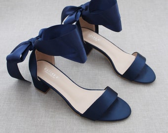 Navy Satin Block Heel Sandal with WRAPPED SATIN TIE, Bridesmaid Shoes, Jr. Bridesmaids Shoes, Women Sandals, Holiday Shoes