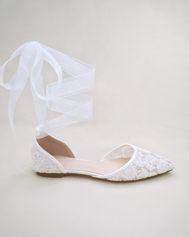 White Crochet Lace Pointy Toe Flats Women Wedding Shoes, Bridesmaid Shoes, Bridal Flats, Wedding Flats, Bridal Lace Shoes, Bride Shoes SHEER RIBBON LACE UP