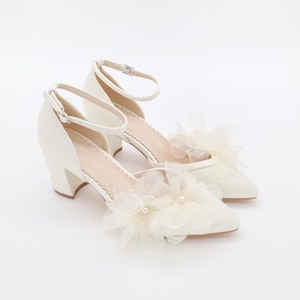 Ivory & White Satin Almond Toe Block Heels Wedding Shoes with Ophelia Flowers, Wedding Shoes, Bridesmaids Shoes, Holiday Shoes