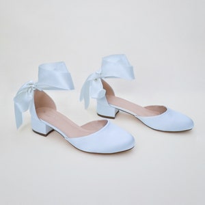 Light Blue Round Toe Satin Block Heel with Wrapped Ribbon Tie, Women Wedding Shoes, Bridal Heels, Wedding Heels, Something Blue