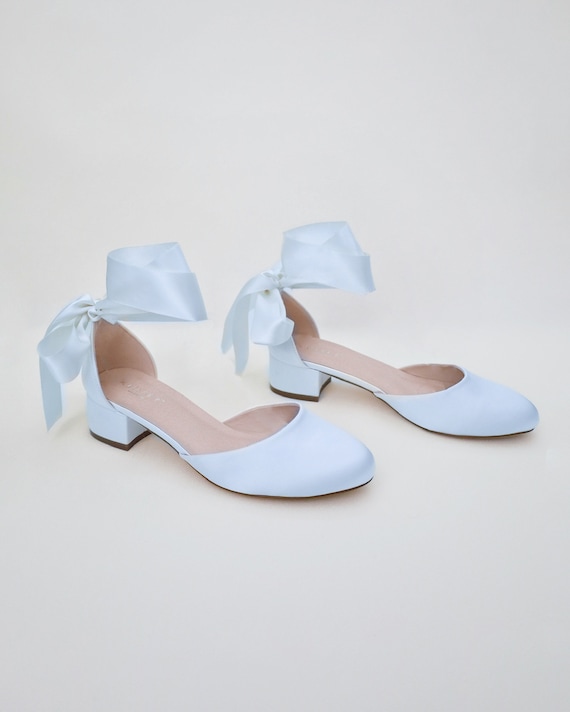 Light Blue Round Toe Satin Block Heel with Wrapped Ribbon Tie, Women Wedding Shoes, Bridal Heels, Wedding Heels, Something Blue