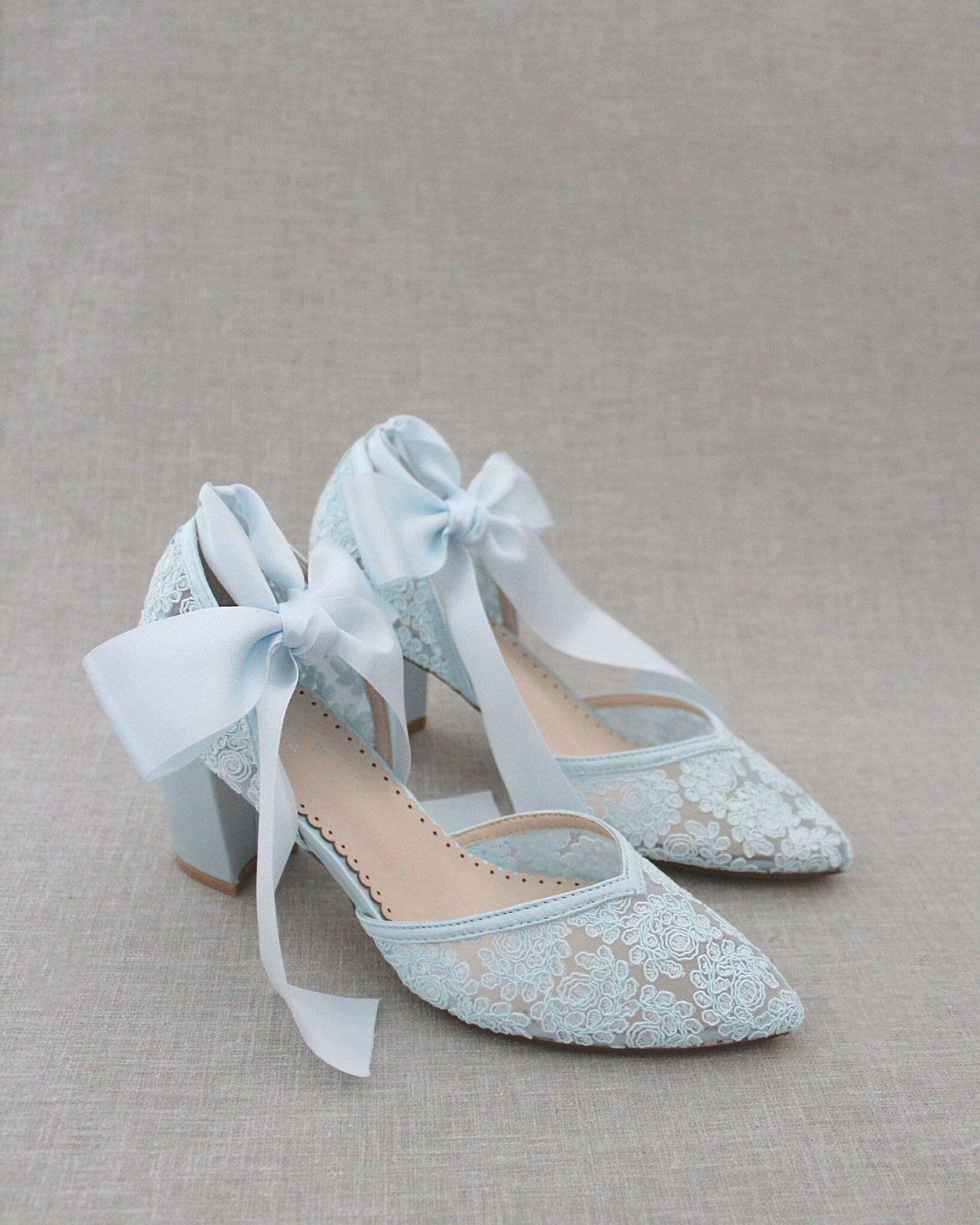 Light Blue Crochet Lace Almond Toe Block Heels With Ballerina - Etsy