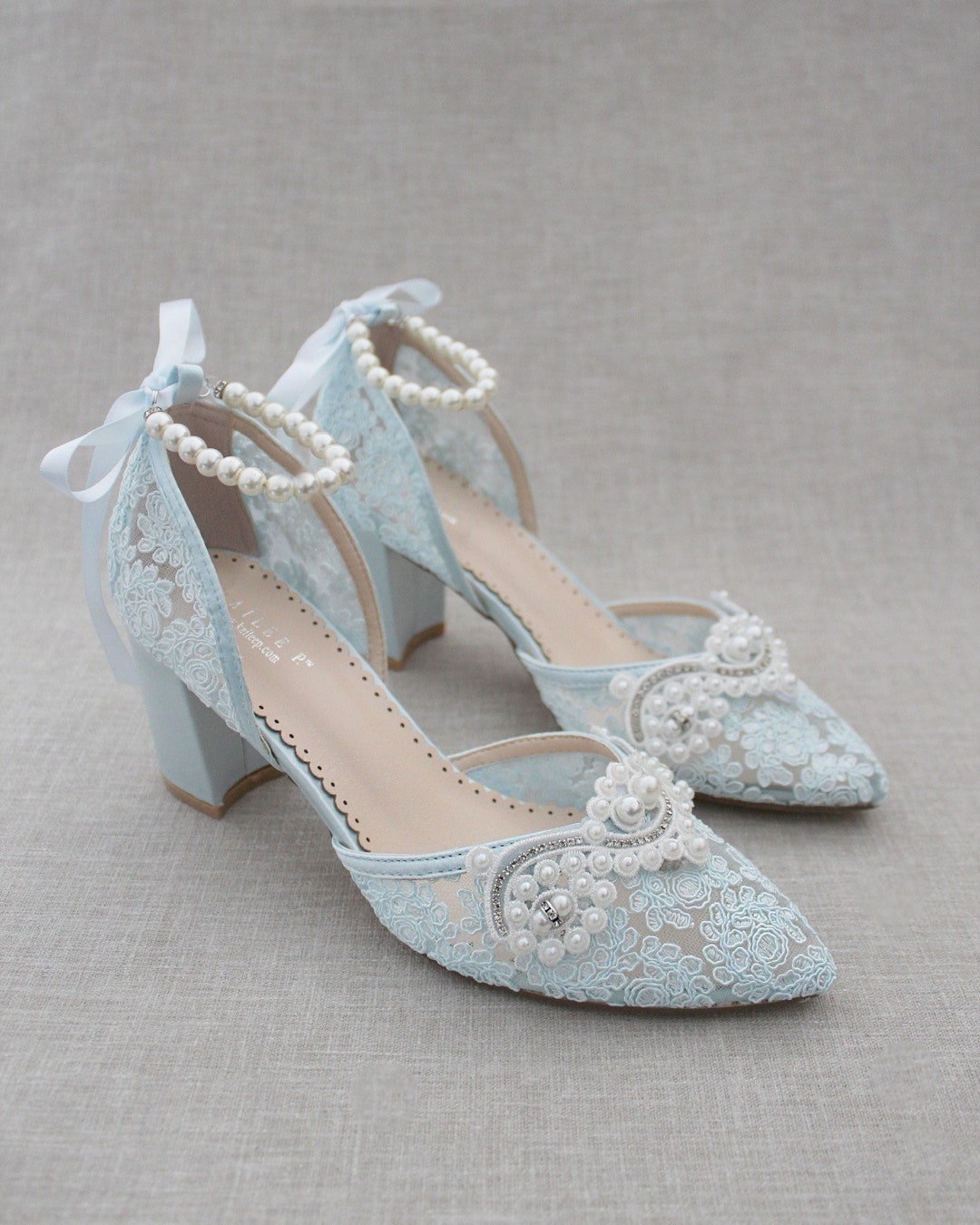 Light Blue Crochet Lace Almond Toe Block Heel With Small - Etsy