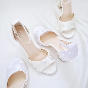 White & Ivory Satin Block Heel Wedding Sandals with Scattered Pearls - Women Wedding Shoes, Bridal Shoes, Wedding Heels