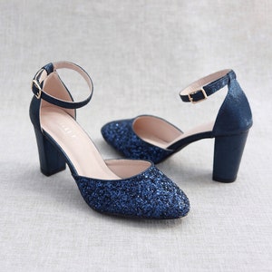 Navy Rock Glitter Block Heel with SATIN BACK BOW, Women Wedding Shoes, Bridesmaids Shoes, Bridal Shoes, Bride Pumps, Holiday Shoes image 2