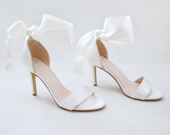 Ivory Satin High Heel Wedding Sandals with Wrapped Ankle Tie, Bridesmaids Shoes, Satin Heels Sandals, Something Blue