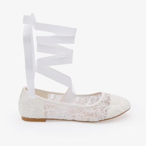Women Wedding Shoes - White Lace round toe BALLERINA Lace up flats - For Brides and Bridesmaids Shoes