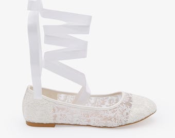 Women Wedding Shoes - White Lace round toe BALLERINA Lace up flats - For Brides and Bridesmaids Shoes