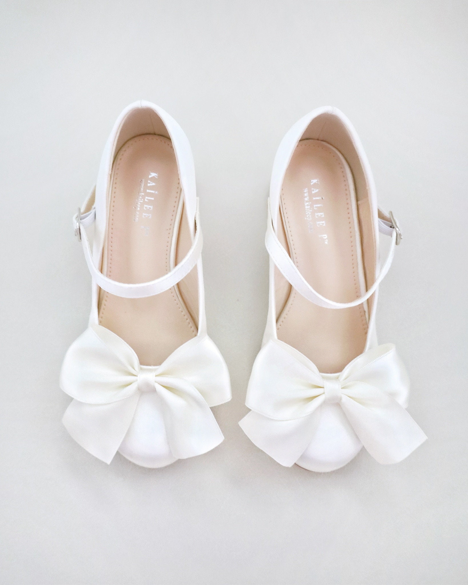 Ivory & White Satin Mary Jane Girls Block Heel With Front Satin Bow ...